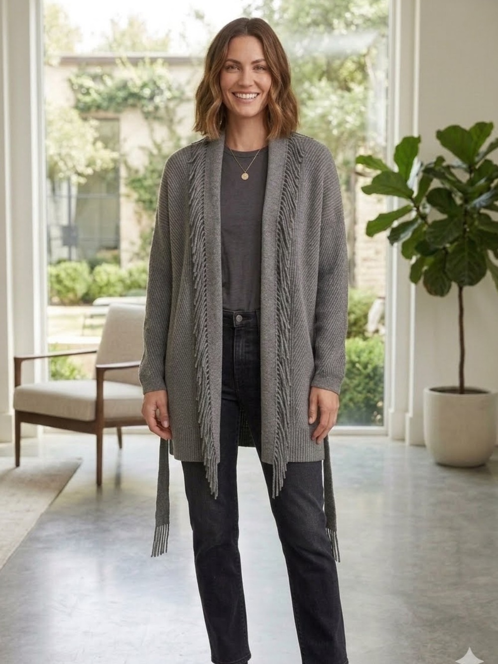 Splendid Fringe Cardigan Sweater Soft Cozy Warm Wrap Blanket Gray Ribbed Knit L